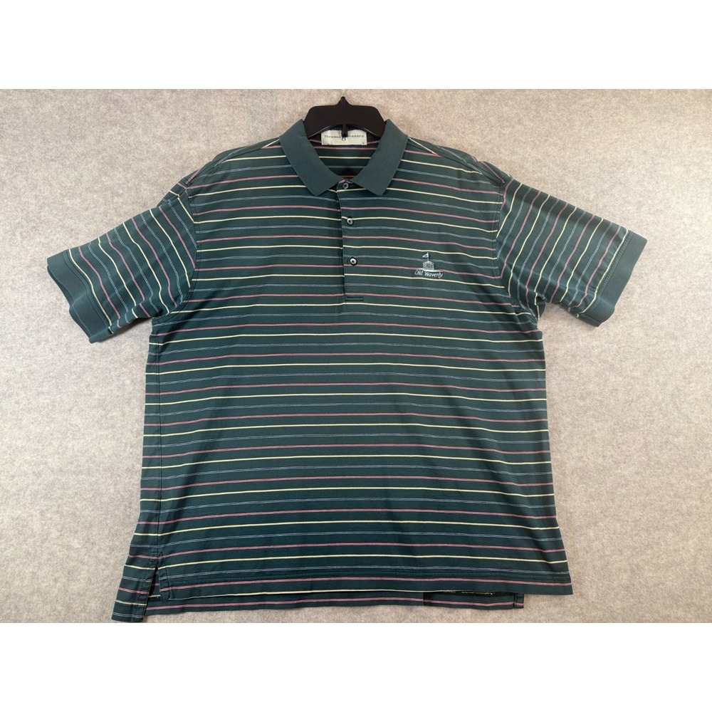 Fairway & Greene Men Large Green Striped Mercerized Cotton Old Waverly Golf Polo